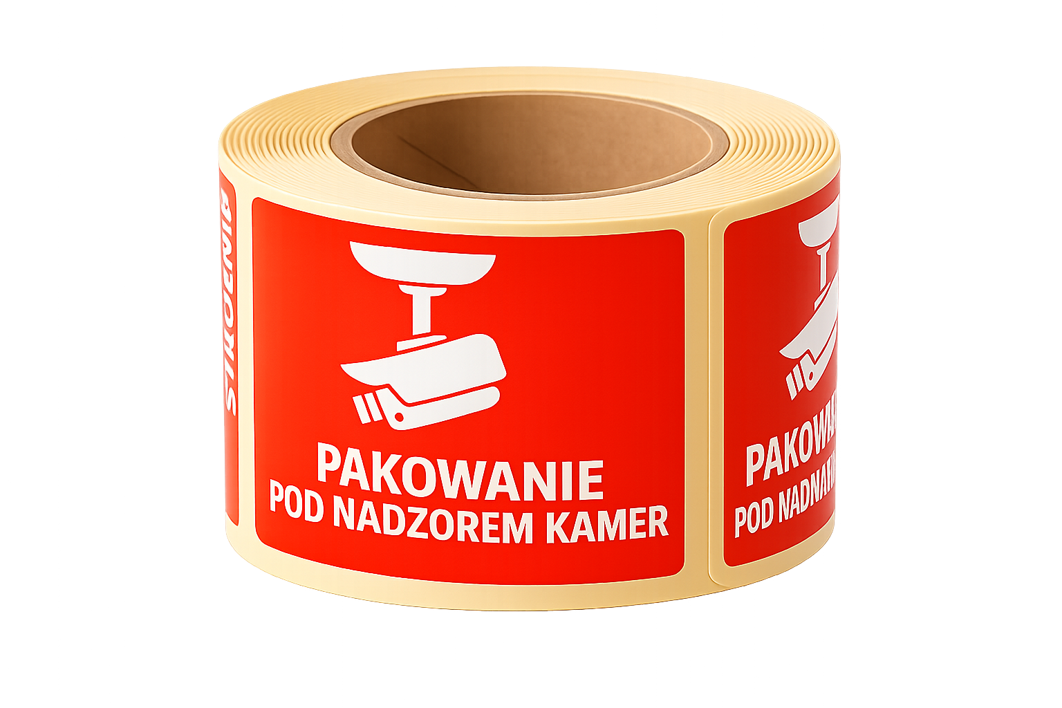 Etykieta z nadrukiem PAKOWANE POD NADZOREM KAMER 8x10cm 500szt. 